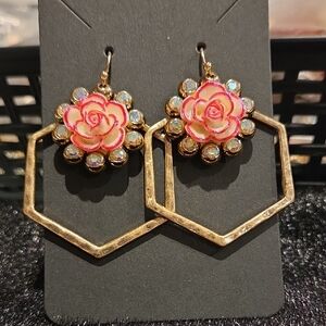 Gold and Pink Floral Hexagon Earrings